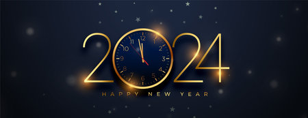 happy new year 2024 greeting banner with golden clock design vector