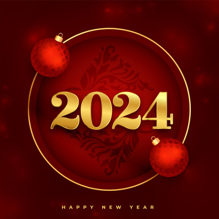 2024 new year eve red background with xmas bauble design vectorのイラスト素材