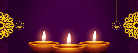 realistic glowing diya and text space purple banner for diwali festivalのイラスト素材