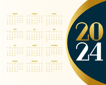 stylish 2024 new year english calendar template with golden touch vectorのイラスト素材