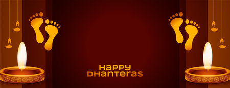 happy dhanteras celebration banner with goddess feet and diya vectorのイラスト素材