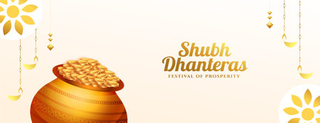 beautiful happy dhanteras golden coin kalasha banner design vectorのイラスト素材