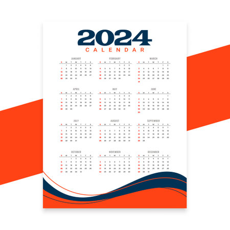 wavy style 2024 new year calendar layout for office desk or wall vectorのイラスト素材