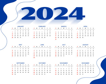 fluid style 2024 monthly planner calendar template in white and blue vectorのイラスト素材