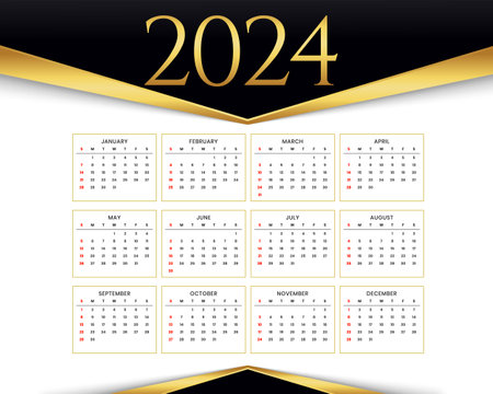 black and white 2024 annual calendar template with golden touch vectorのイラスト素材