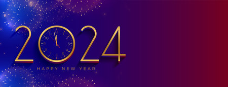 happy new year 2024 clock wallpaper with firework bursting vector