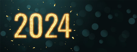 golden sparkling 2024 text new year banner with confetti decoration vectorのイラスト素材