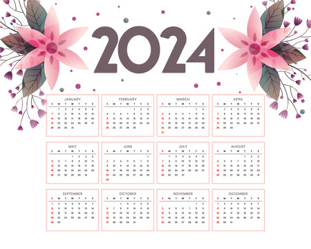 modern 2024 english calendar template with floral decoration vectorのイラスト素材