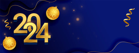 happy new year 2024 greeting banner with xmas bauble and ribbon vector