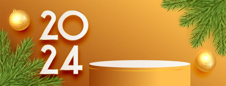 decorative 2024 new year festive wallpaper with 3d pedestal stand vectorのイラスト素材