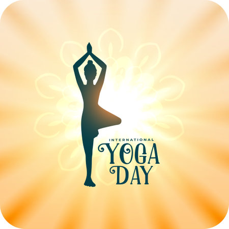 international yoga day morning sunrise poster, woman practicing yoga posture vectorのイラスト素材