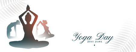 21st june yoga day white banner woman in different asana with leaves vectorのイラスト素材