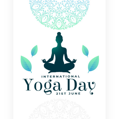 world yoga day celebration poster with falling green leaves vectorのイラスト素材