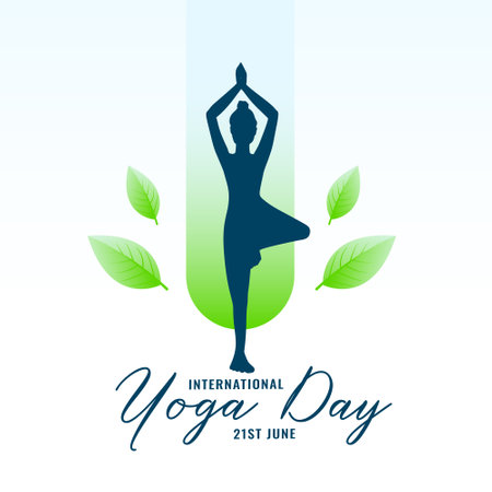 international yoga day, woman doing asana with green eco leaves vectorのイラスト素材