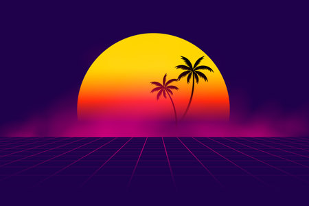 vintage style digital sci fi landscape background design vectorのイラスト素材