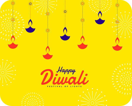 happy diwali festive celebration yellow background with hanging lamp vectorのイラスト素材