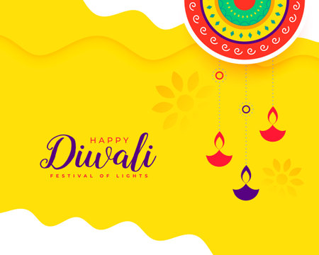 decorative shubh diwali festive yellow background with hanging diya vectorのイラスト素材