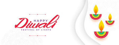 happy diwali greeting 2024 white banner with artistic diya vectorのイラスト素材