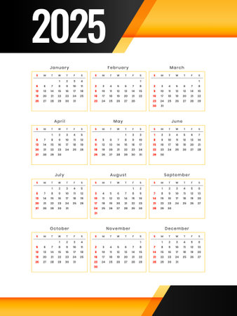 printable 2025 new year calendar template in black golden color vectorのイラスト素材
