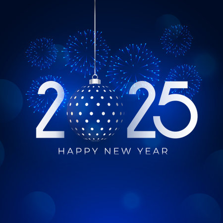happy new year 2025 firework background with xmas bauble vectorのイラスト素材
