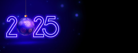 purple neon 2025 new year bauble banner with empty space vectorのイラスト素材