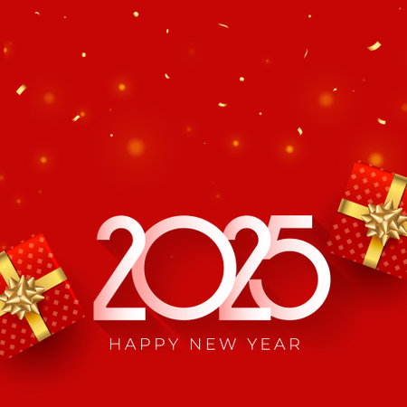 2025 new year event card with giftbox and confetti vectorのイラスト素材