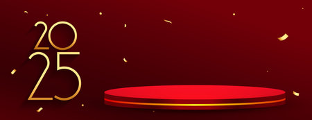 2025 new year red wallpaper with 3d podium platform vectorのイラスト素材