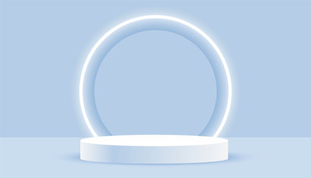 blank 3d pedestal stage background with glowing neon frame vectorのイラスト素材