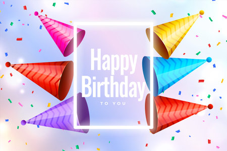 happy birthday wishes banner with 3d colorful cap and confetti decoration vectorのイラスト素材