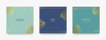 vintage style social card banner with golden palm leaves design in set of threeのイラスト素材