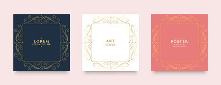 set of golden swirl frame design invitation card in three colorsのイラスト素材