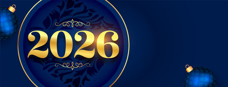 2026 golden lettering new year blue wallpaper with xmas ball vector