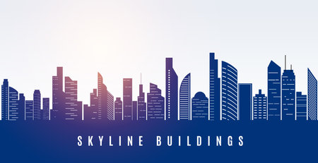 urban skyline downtown building silhouette with sun glare effect vectorのイラスト素材