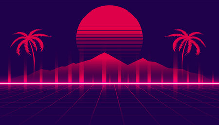 retro glowing neon tropical landscape background with geometric lines vector
