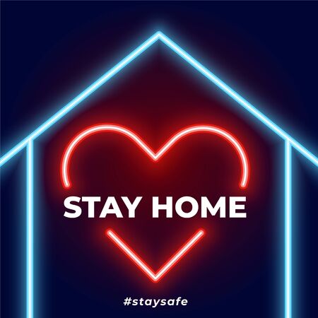 stay home stay safe neon heart and house backgroundのイラスト素材