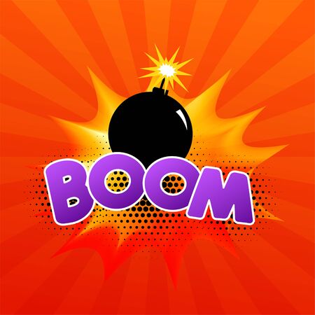 comic speech bubble with burning bomb and text "boom"のイラスト素材
