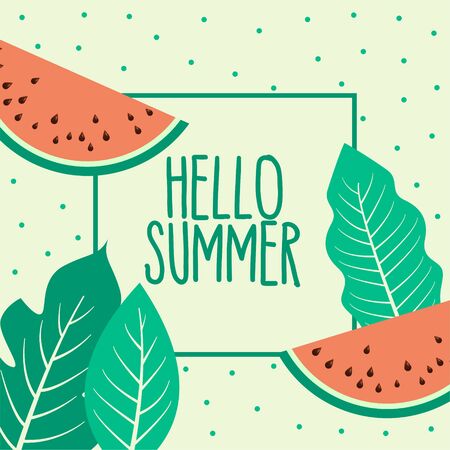 watermelon summer fruit and leaves backgroundのイラスト素材