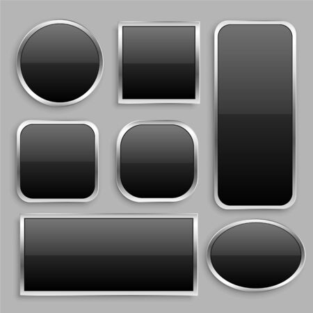 set of black glossy button with silver frameのイラスト素材