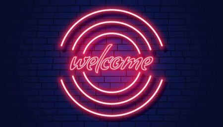neon welcome signboard on brick wall backgroundのイラスト素材