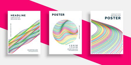 colorful wavy lines cover flyer poster designs setのイラスト素材