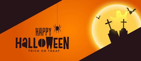 happy halloween spooky banner with grave and ghostのイラスト素材