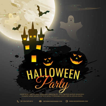 halloween night background with creepy castle, ghost, pumpkin and flying batsのイラスト素材