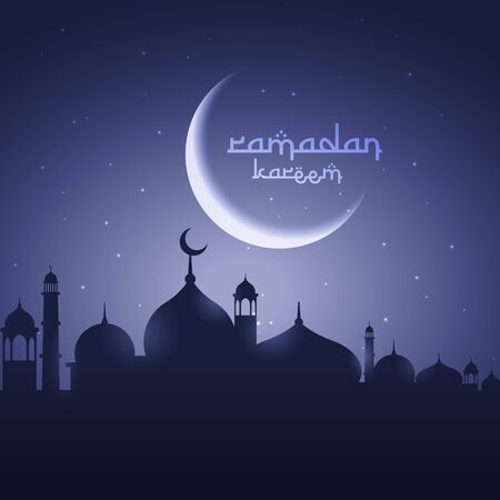 shining moon with mosque eid festival greetingのイラスト素材
