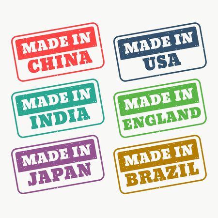 set of rubber stamps for made in china, usa, india, japan, england and brazilのイラスト素材