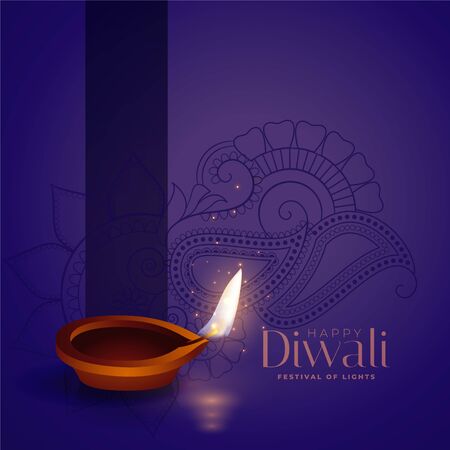 happy diwali purple background with realistic diya designのイラスト素材