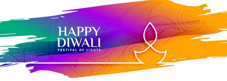 colorful happy diwali watercolor banner with line diya designのイラスト素材