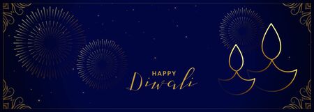 happy diwali festival banner with diya and fireworksのイラスト素材