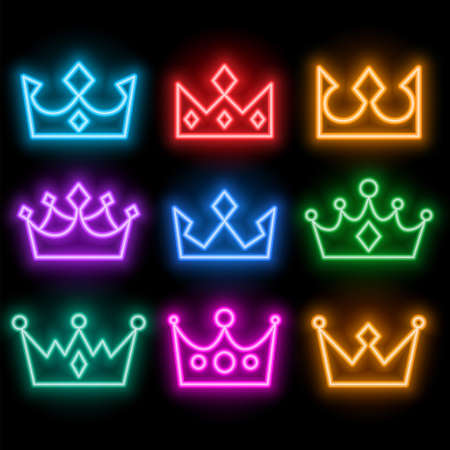 glowing neon style crowns set in many colorsのイラスト素材