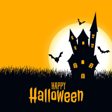 Happy halloween scary card castle with moon and batsのイラスト素材
