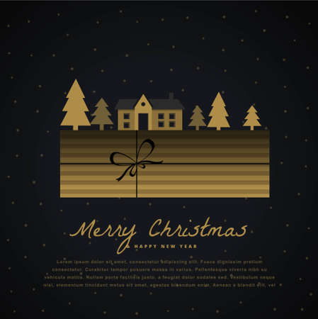 elegant christmas greeting with gift box, house and treeのイラスト素材